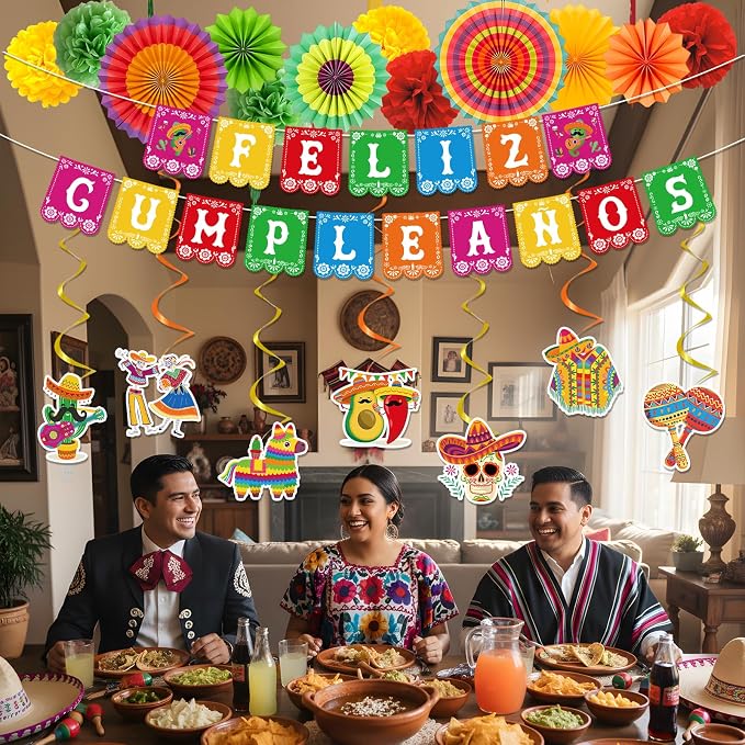 Rakuto Feliz Cumpleaños Party Decoracion Set, 21PCS Mexican Birthday Party Decorations with Banners Hanging Swirls Paper Fans Paper Poms, Fiesta Themed Día De Los Muertos Cinco De Mayo Decor