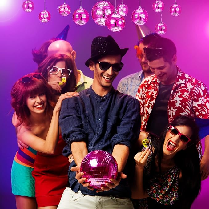 WILLBOND 12 Pack Disco Ball Party Decorations Hanging Mirror Balls Fun Retro Dj Lighting Effect Stage Props Game Accessories, 5.91", 3.94", 3.15", 2.36"(Pink)