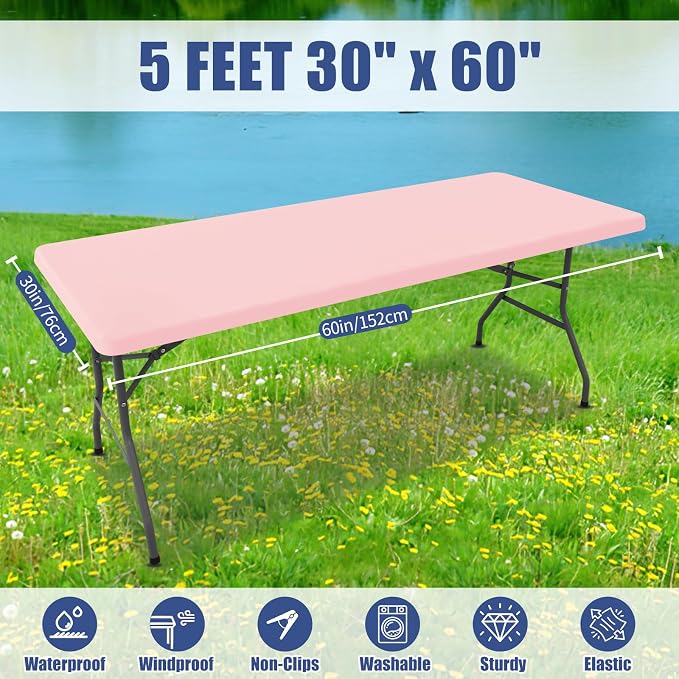 Moosfor Spandex 5 Foot Rectangle Table Cloth 4 Pack, Elastic Fitted Tablecloths for Picnic, Stretch Washable Patio Table Cover for Outdoor, Camping, Banquet and Parties (Pink, 30"x60")