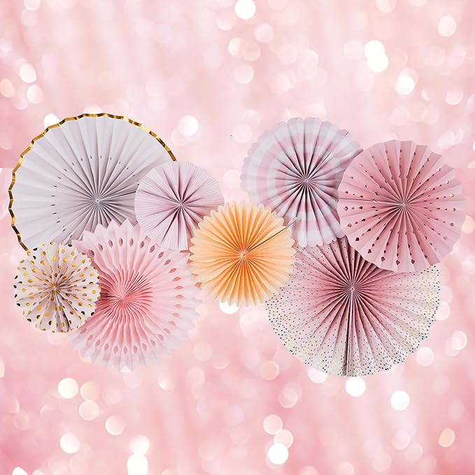 PapaKit 8-Piece Origami Paper Fan Set – Sparkling Pink Rose Blush & Gold Metallic Accents – Reusable Hanging Pinwheel Wall Backdrop for Girls Birthday, Baby Shower, Wedding, Bridal Shower & Boho Party Decorations