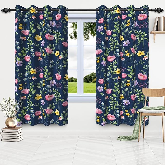Spring Floral Flowers Window Curtains Pink Yellow Flower Botanical Leaves Thermal Insulated Room Darkening Blackout Curtains Drapes for Bedroom Living Room Kitchen Decor,26x24 inch,2 Panels