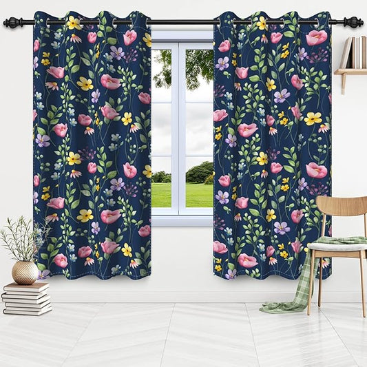 Spring Floral Flowers Window Curtains Pink Yellow Flower Botanical Leaves Thermal Insulated Room Darkening Blackout Curtains Drapes for Bedroom Living Room Kitchen Decor,42x63 inch,2 Panels