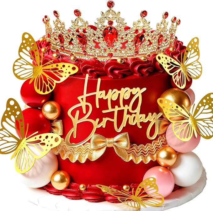 Red Queen Crown Cake Topper Gold Crown Birthday Decorations Butterfly Sign Gold Balls Cake Decorations Birthday Party Bridal Shower Decor