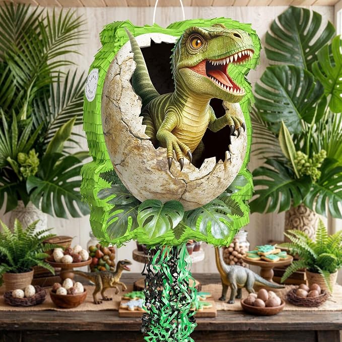 WERNNSAI Dinosaur Egg Piñata - Trex Piñata with Blindfold and Bat for Boys Kids Dinosaur Birthday Party Supplies Realistic Green Rex Dino Jungle Party Decoration