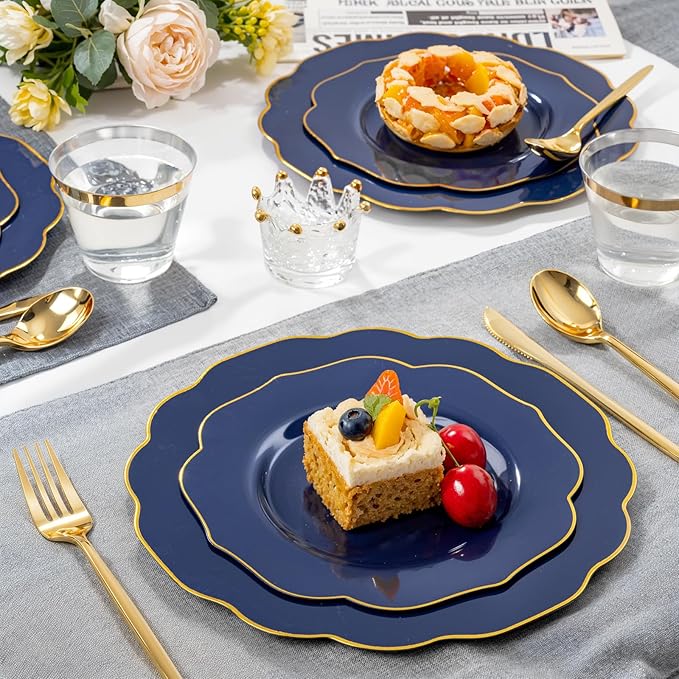 bUCLA 180PCS Blue Plastic Plates - Navy Blue and Gold Rim Disposable Include 30 Each (Dinner & Dessert) Plates, 30 Knives, 30 Forks, 30 Spoons and 30 Cups, Ideal for Party, Gathering & Graduation