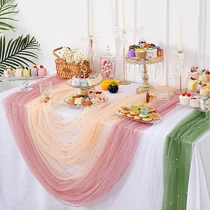 Wedding Pearl Tulle Table Runner: 10ft Sheer Fabric 6pcs Wedding Lace Desk Runners Arch Ceilings for Bridal Veil Baby Shower Sweetheart Table Decorations