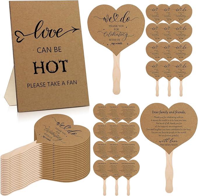 51 Pcs Wedding Fans for Guests Wedding Favor Paper Fans with Handle Bulk Table Sign for Ceremony Bridal Party Decoration(Brown,Classic)
