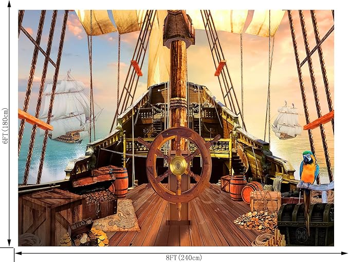 Pirate Ship Backdrop for Photography Nautical Treasure Map Old Wooden Deck Kids Boys Happy Birthday Supplies Baby Shower Decorations Banner Background Photo Studio Booth Props 8X6FT