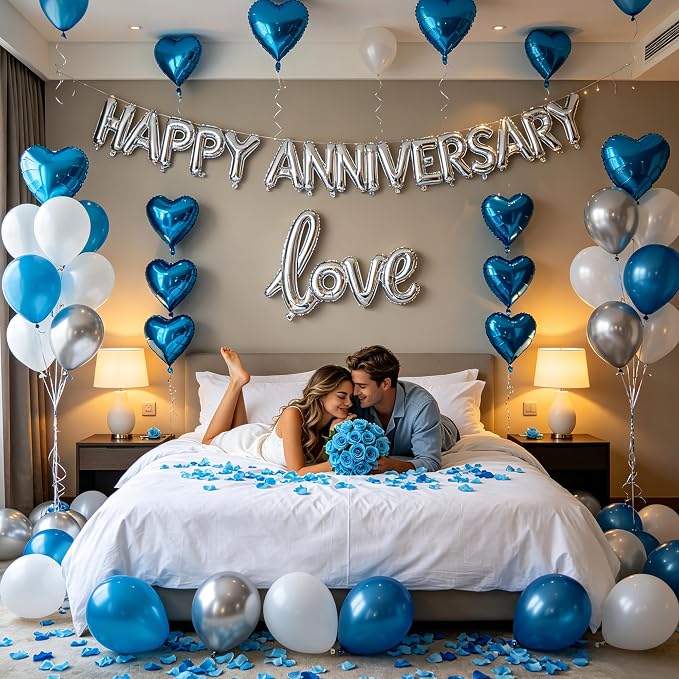 Blue Happy Anniversary Balloons Kit with Heart Shaped, Love Foil Balloons and 1000 Pieces Rose Petals for Valentine's Day Proposals Decorations (Blue - Happy Anniversary)