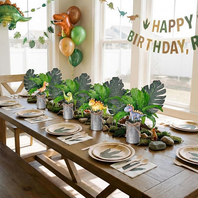 Suncalla 6 Set Dinosaur Party Table Centerpiece Decoration Dinosaur Themed Stick Set Include Vase Stick Artificial Leaves Jungle Animal Theme Table Topper for Baby Shower Birthday (Cylinder,Metal)