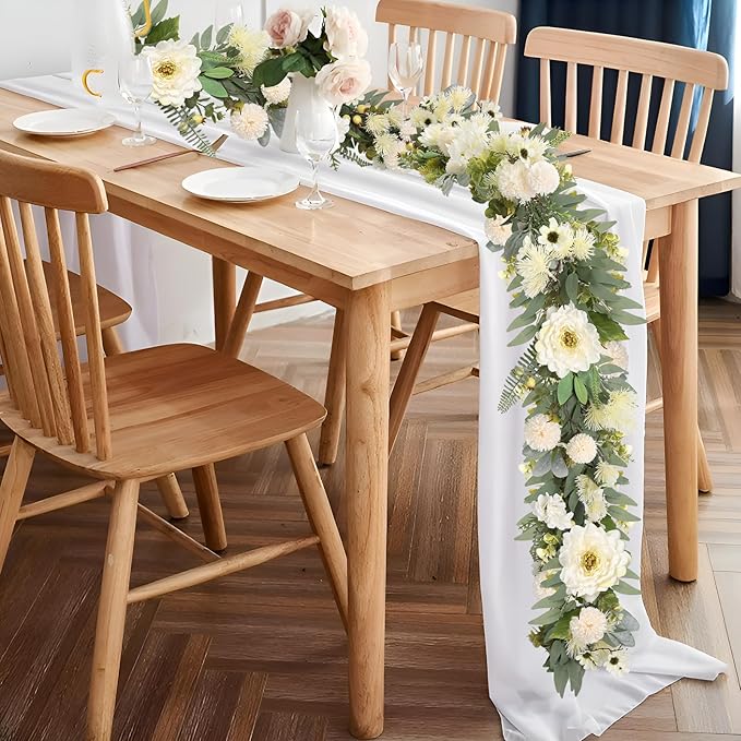 Spring Garland 6FT Hydrangea Flower Garland Faux Greenery Leaf Vine Garlands for Decoration for Spring Indoor Outdoor Garden Farmhouse Porch Wall Wedding Room Home Decor (White)