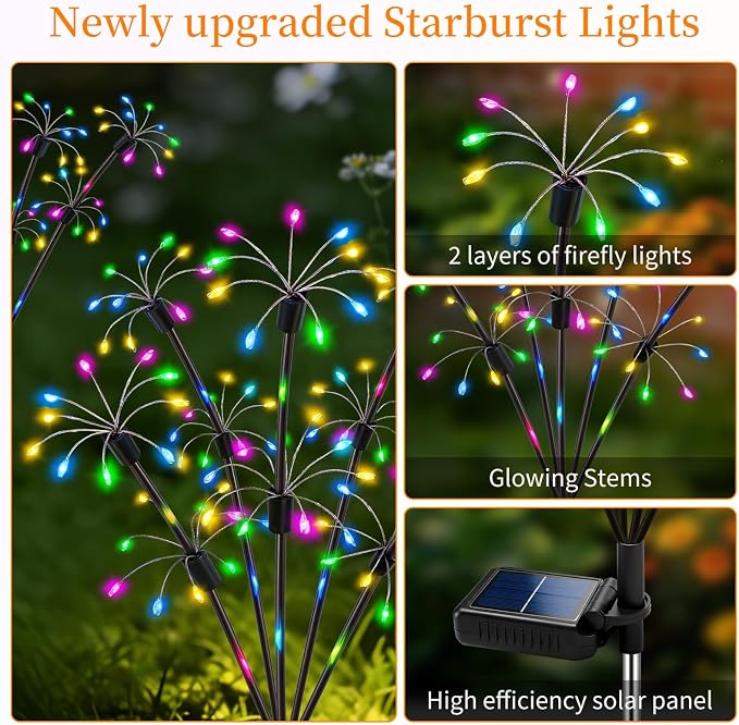 Solar Garden Lights Outdoor, 6 Pack 2-Layer Multicolor Solar Firework Lights, Waterproof Starburst Fairy Light Garden Decor for Yard Patio Pathway Lawn, Unique Gifts for Women Mom Grandma Mother's Day