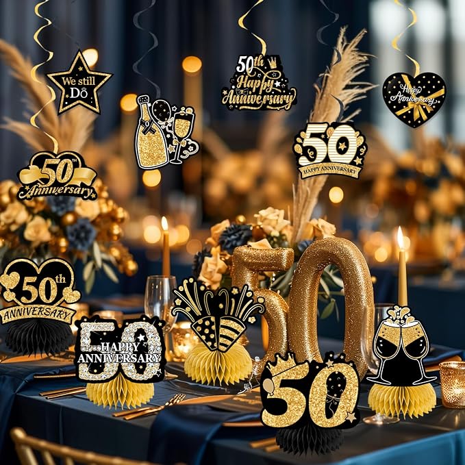 Happy 50th Wedding Anniversary Decorations Kit, Black Gold Happy 50th Anniversary Party Supplies Door Banner Decorations, Backdrop, Table Centerpieces, Hanging Swirl, Paper Pompoms