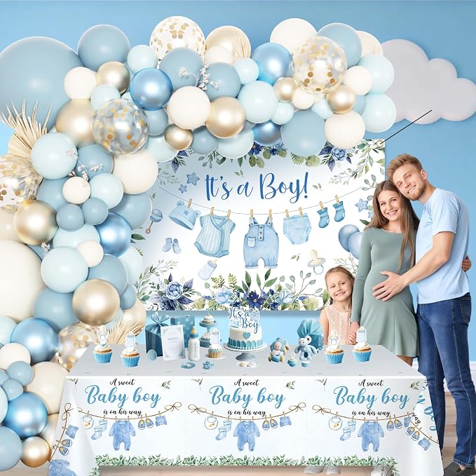 Blue Baby Boy Shower Decorations with 4pcs Balloon Boxes, 70pcs Balloon Garland Arch Kit, "It's a Boy" Backdrop, Tablecloth, Cake Toppers - Watercolor Clothesline Theme Party Supplies