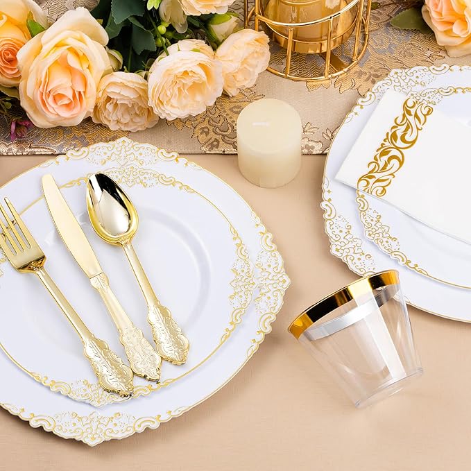 Bestluck 350PCS White and Gold Plastic Plates for 50 Guests, Disposable Dinnerware Set Includes 100 Disposable Plates, 150 Gold Silverware, 50 Cups, 50 Napkins for Party, Wedding