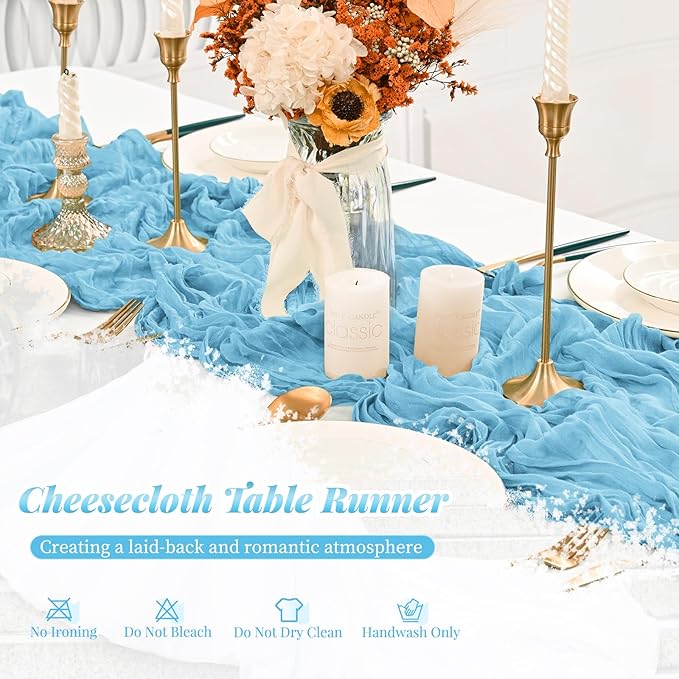 12 Pack Light Blue Cheesecloth Table Runner, 10FT Long Romantic Semi Sheer Cheesecloth Rustic Boho Table Runner for Wedding Birthday Bridal Shower Party Decorations(21.5×120 Inch)