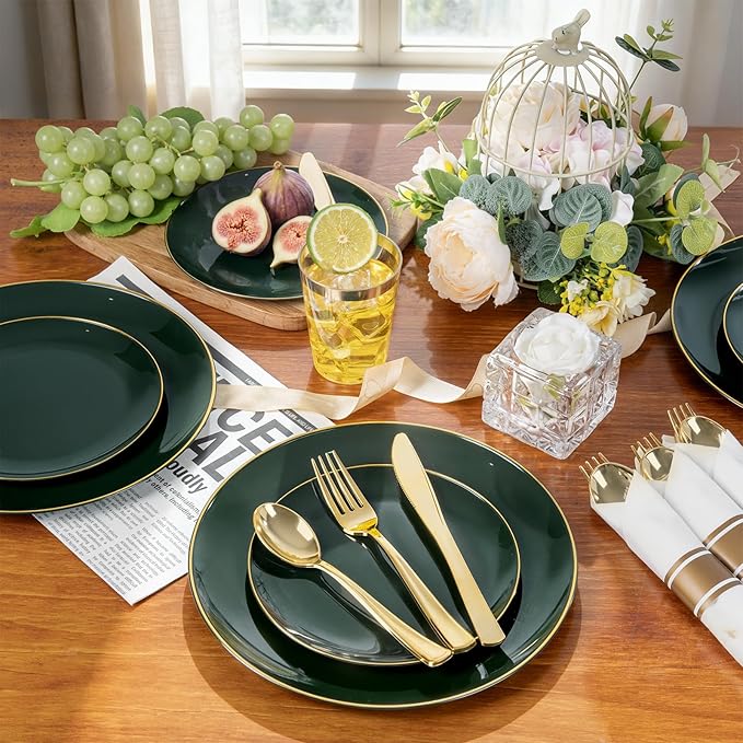KIRE 350PCS Green Plates Disposable - Heavy Duty Green and Gold Plates - 50Guest Include Green Plastic Dinnerware - Pro Rolled Napkins with Gold Silverware and Cups for St. Patrick's Day&Party
