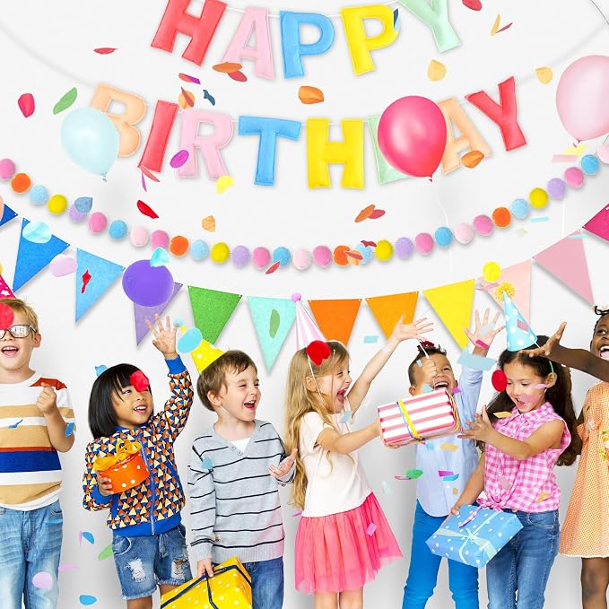 CANREVEL Pre-Strung 3D Rainbow Happy Birthday Banner, 3 PCS Happy Birthday Felt Sign, Pom Pom Garland, Triangle Fabric Bunting, Colorful Reusable Birthday Decorations for Women Men Girls Boys, Pink