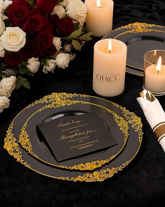 Nervure 175PCS Black Plastic Plates - Disposable Black Gold Party Plates & Pre Rolled Napkins with Cutlery for 25 Guests, 50Plates, 75Silverware, 25Cups, 25Napkin for Wedding & Party