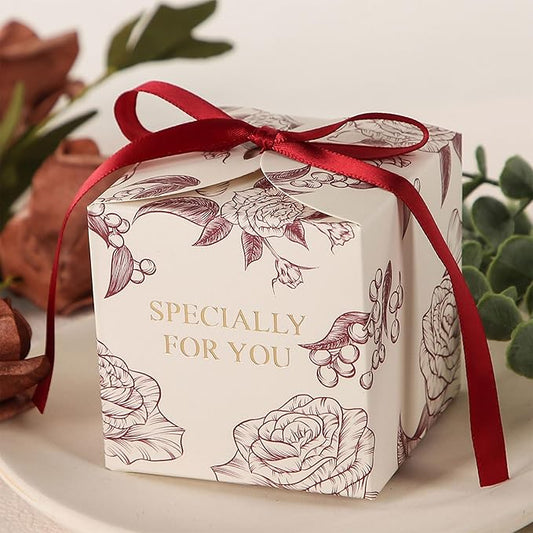 Yoption 50pcs Rose Party Favor Boxes, 2.75 x 2.75 x 2.75 Inch Wine Red Candy Boxes with Ribbons for Wedding Bridal Baby Shower Birthday Party Decorations