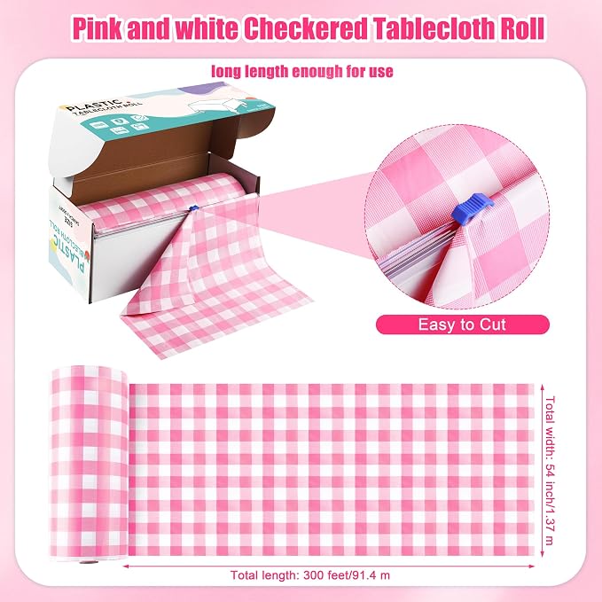 Kochorie 54 Inch x 300 Ft Light Pink Checkered Plastic Table Cloth Roll Disposable Waterproof Table Cover Plastic Table Cover Roll with Easy Slide Cutter for Outdoor Picnic/Home Dining/Spring Party