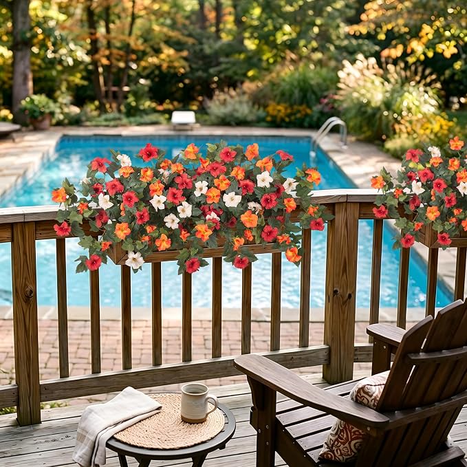Ammyoo Artificial Fall Flowers Fake Petunias Plants for Outdoor Decoration | 2 Pcs UV Resistant Faux Silk Flowers No Fade Floral for Garden Balcony Yard Porch Realistic Indoor Decor (Orange White)