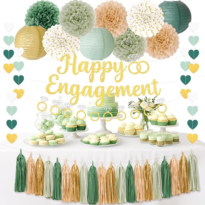 Kriyokiaa Engagement Party Decorations Sage Green Engaged Decorations with Gold Happy Engagement Banner, Includes Paper Pom Poms Paper Lanterns, Tassels for Couple Bridal Shower Decor