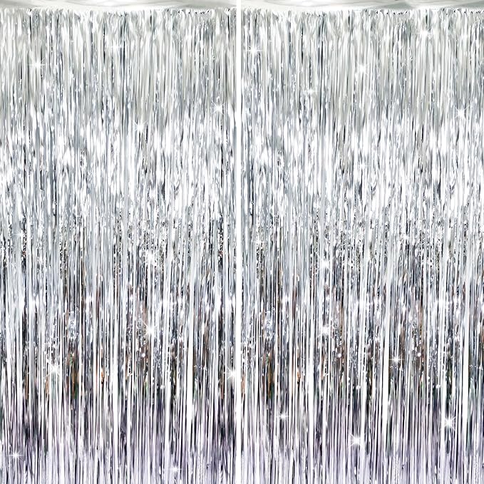 GOER 3.2 ft x 8.2 ft Metallic Tinsel Foil Fringe Curtains,Party Streamer Backdrop for Birthday,Graduation Decorations and New Year Eve (Silver,2 Packs)