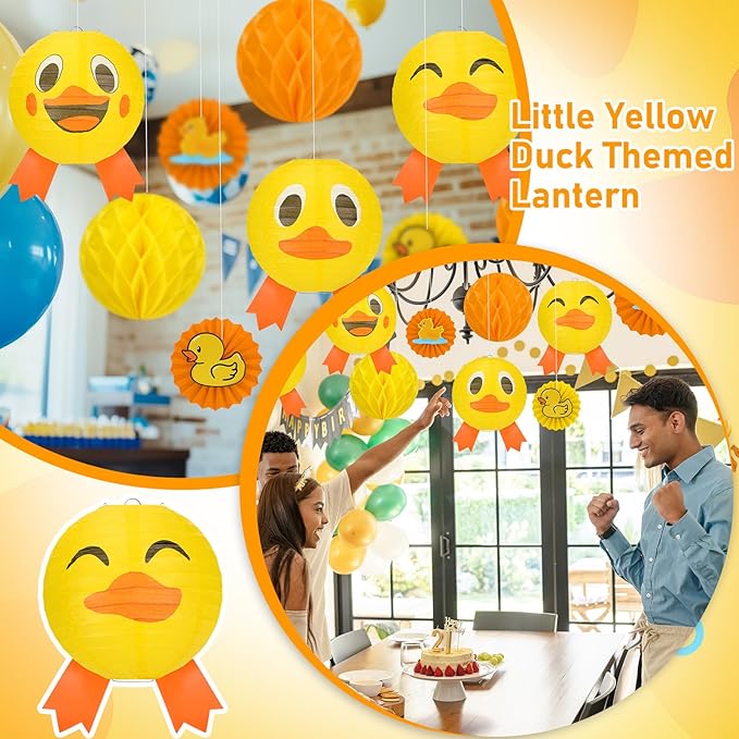 Retisee 18 Pcs Rubber Duck Party Decoration Yellow Duck Hanging Paper Lantern Honeycomb Fans Honeycomb Ball for Themed Birthday Party Ceiling Decor Supplies
