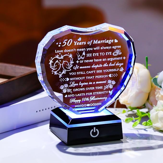 Arikyrist 50th Wedding Anniversary Crystal Gifts for Couple Parents, Laser Engraved 50 Years Anniversary Heart Keepsake Gifts for Wife Husband, Romantic 50 Year of Marriage Gift for Him Her Friends