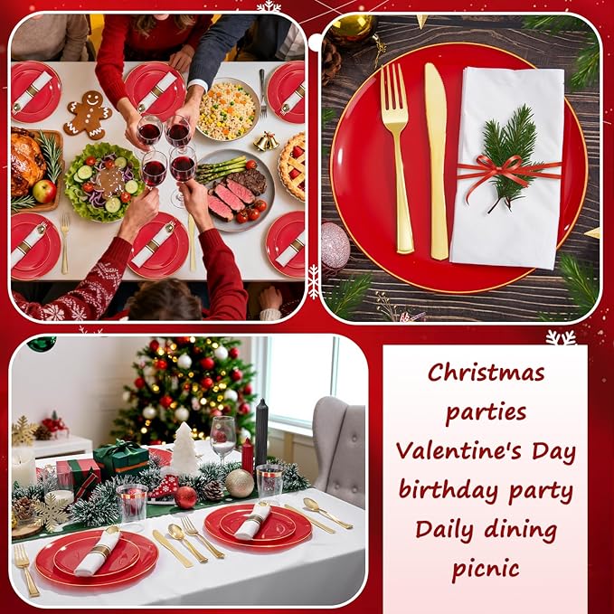 KIRE 350PCS Red Plastic Plates - Heavy Duty Red Plates Disposable - 50Guest Plastic Dinnerware Include 50Dinner Plate,50Dessert Plate,50Pre Rolled Napkins with Silverware for Wedding&Mother's Day