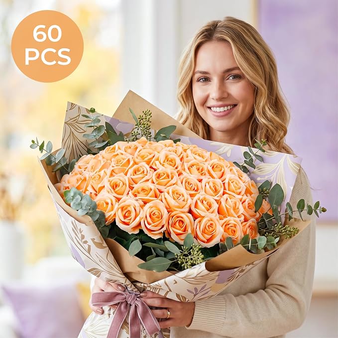 Auihiay 60PCS Artificial Roses, Champagne Roses, Velvet Silk Roses, Realistic Artificial Flowers for Wedding Centerpiece Decor, Bridal Bouquets, Father's Day Decor, Birthday & Valentine's Day Gift
