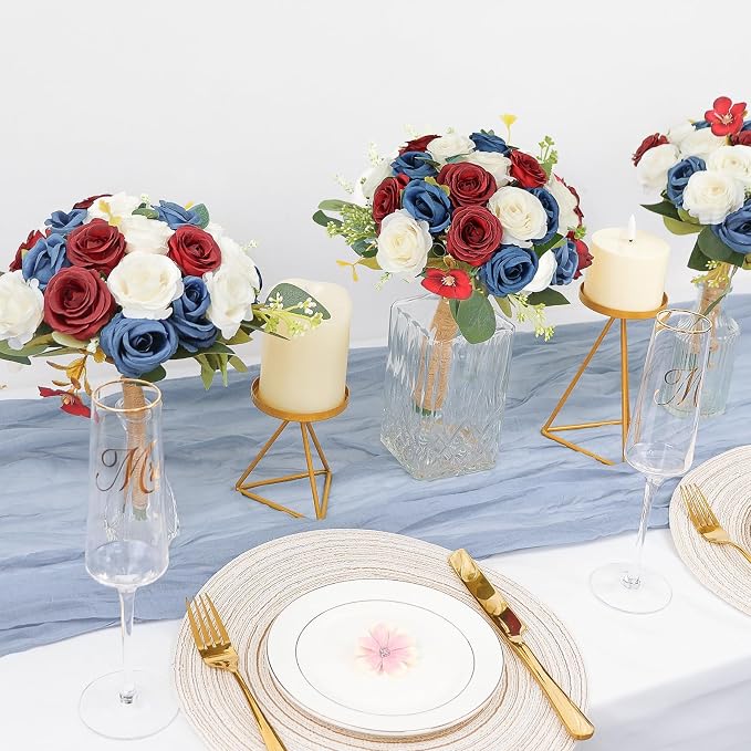 Set of 6 Bridesmaid Bouquets for Wedding - 7 Inch Artificial Ivory Flower Bouquet for Party Ceremony Anniversary Dinning Table Centerpieces Decor - Red & Blue & White