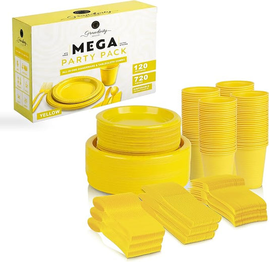 Grandipity 720 Piece Yellow Disposable Dinnerware Set, Plastic Dinnerware Set Includes 120 Count 9' Dinner Plates, 7' Dessert Plates, 12oz Cups, Forks, Knives & Spoons