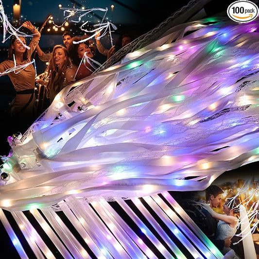 100 Pieces Light-Up Wedding Wands with Ribbons & Bells – LED Silk Fairy Wands, Streamers with Warm White & Colorful Lights, No Exposed Wires (LEDs in Ribbon) for Wedding Send Off, Parties,Celebrations