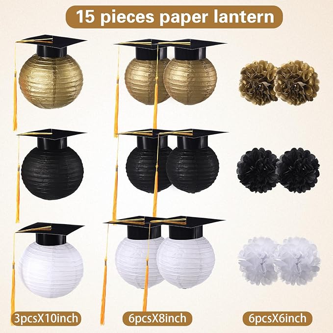 Gilprop 15 Pcs Black and Gold Graduation Decoration 2026 Paper Lanterns Graduation Party Decorations Hanging Round Paper Lanterns with Black Grad Hat Tassel for Congratulation Grad Decorations