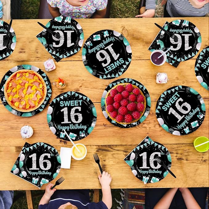 96Pcs 16th Birthday Party Supplies Teal Blue and Black Plates and Napkins Disposable Turquoise 16 Years Old Paper Tableware Set for Boys Girls 16th Birthday Graduation Party Decorations Serve 24