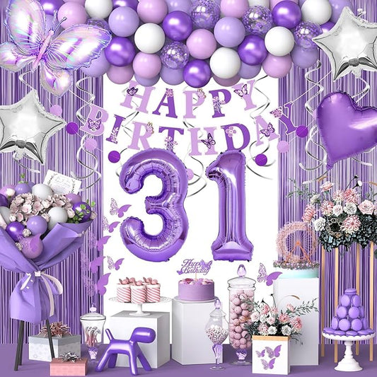 31st Purple Birthday Decorations for Women, Purple Pink 31st Birthday Decorations Butterfly Theme Lavender Party Decor Set with Number Balloons, Banner, Sash, Butterfly Stickers
