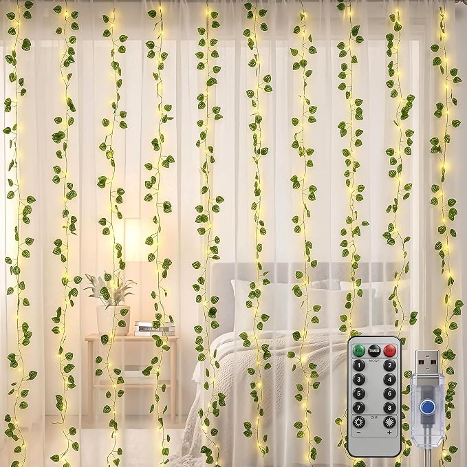 Bexdir 200 LED Curtain Vine Lights for Bedroom Decoration, 6.6x6.6ft Pre-Assembled Hanging Fake Vines with Fairy Lights USB Powered, Aesthetic Artificial Watermelon Lights for Room Wall Decor