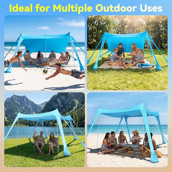 Purebox Beach Tent Sun Shelter - 10x10FT Beach Shade Canopy UPF50+ Protection Easy Setup, with 8 Sandbags, 4 Stability Poles, Sand Shovel, Ground Spikes, Outdoor Shade for Sand, Camping, Fishing