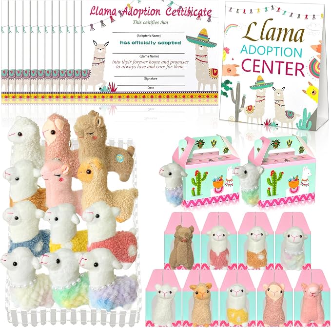 38 Pcs Adopt a Pet Llama Party Favor Set Include 12 Plush Llama 12 Foldable Party Boxes 12 Adoption Certificates 1 Signboard 1 Fence for Adopt a Llama Birthday Party Decorations
