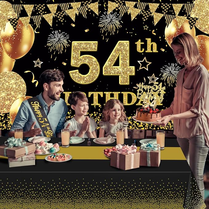 54th Birthday Decorations Men Women with 54th Birthday Banner, Black and Gold Table Cloth, Number Balloons, Large Sash, Cake Topper and Candles