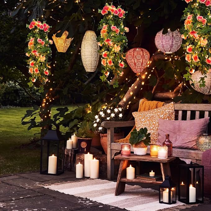 RECUTMS Artificia Hanging Rose Flower Plants, 2 PCS 37 Inches Light Pink Fake Floral Ivy Garland with 30 LED Fairy String Lights for Home Garden Wedding Bridal Shower Derby Party Indoor Outdoor Decor
