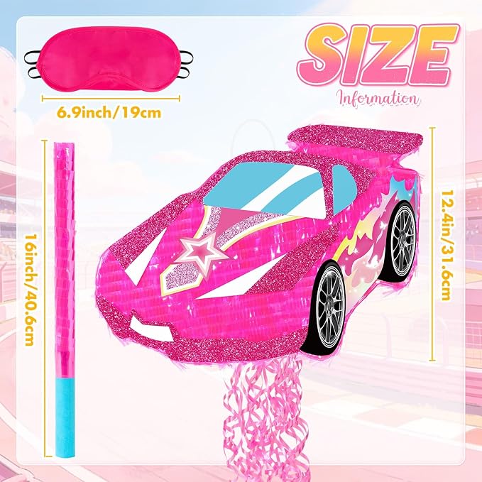 WERNNSAI Pink Racing Car Piñata for Girls - Princess Dollhouse Party Supplies Piñata Bundle with Blindfold and Bat for Kids Racing Car Theme Birthday Party Game Decorations (12.4" x 16.5" x 2.9")