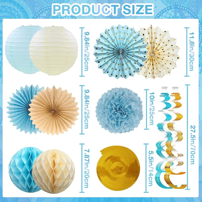 Baby Shower Decorations Kit, Welcome Baby Banner with Dusty Blue Paper Lanterns, Tissue Pom Poms, Honeycomb Balls, Clothes Banner Garland for Boho Baby Boy Shower Party Decorations