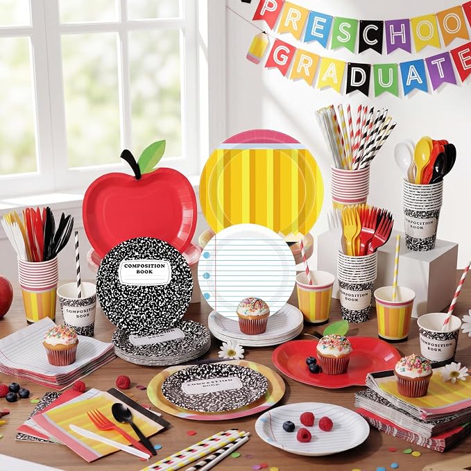 450 Pcs Preschool Kindergarten Back to School Tableware Set Decorations Apple Paper Plates Composition Notebook Napkins Pencil Cups Cutlery Straws for First Day Party Supplies, Serves 50
