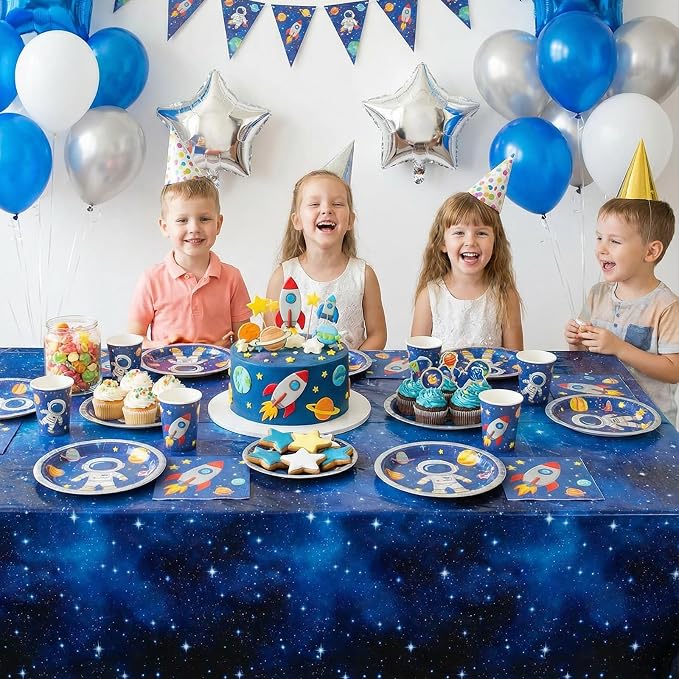 NatNarr 6 Pack Plastic Space Tablecloth, 54 x 108 Inch Disposable Galaxy Themed Tablecloth Waterproof Rectangle Star Party Table Cover for Home Party Decorations