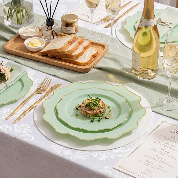 WDF 175Pcs Sage Green Plastic Plates With Gold Rim - Disposable Sage Green Plates 25guest Disposable Dinnerware Ideal for Party/Wedding/Spring Party/First Communion