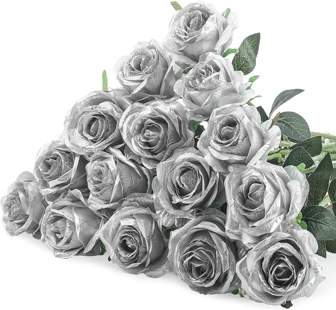 Hotop 20 Pcs Artificial Rose Flowers with Long Stem, Real Lifelike Silk Realistic Plastic Bouquet Roses Bulk for Home Decor Bridal Wedding Party Table Centerpieces Decorations(Silver)