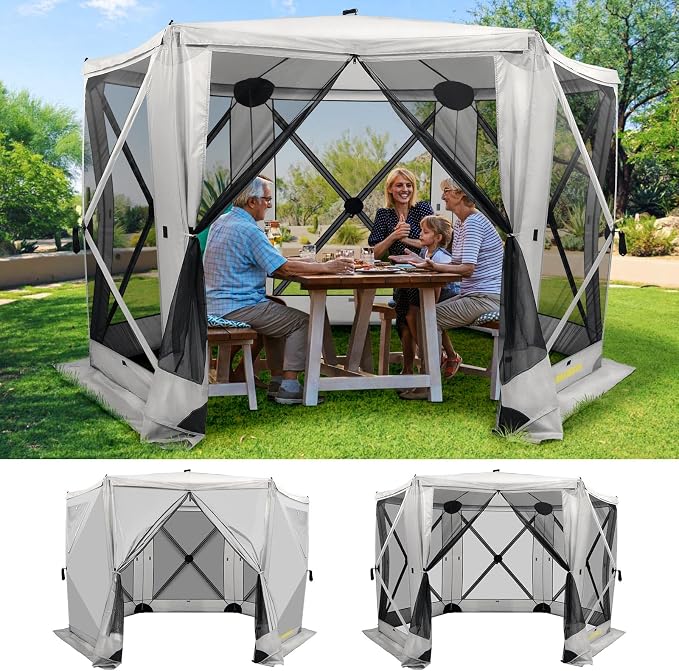 Raynesys 6 Sided Pop Up Gazebo Tent, Camping Screen Tent for 6-8 Person Foldable, Pop-Up Canopy Shelter with Mesh Windows, UV Resistant, Quick Set, Outdoor Gazebo with 6 Removable Wind Cloths, Gray